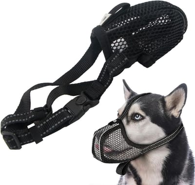Ademende muilkorf voor grote honden - verstelbare hondenmuilkorf met reflecterende strepen - veiligheidsmasker tegen bijten en kauwen - comfortabele pasvorm - Duurzame hondenaccessoire voor training en wandelen