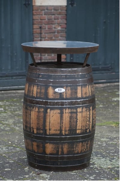 Whisky Statafel – Gemaakt van Authentiek Schots Whiskyvat – Ø67 cm x 120 cm hoog – Met Stalen Blad – Bartafel - Duurzaam