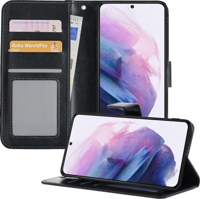Hoesje - Met Pasjeshouder - Geschikt voor Samsung Galaxy S21 - Luxe Bookcase Portemonee - Flip Case - Kunstleer Book Case - Flipcase - Book Cover - Walletcase - Portemonneehoes - Telefoonhoesjes - Zwart