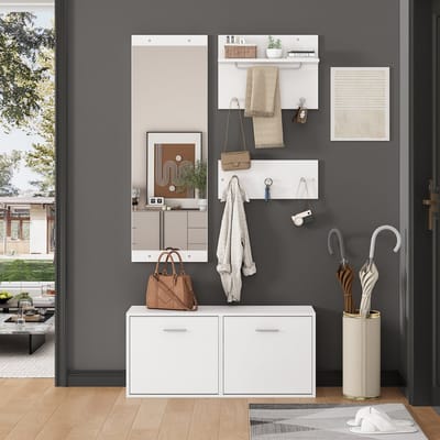 MODFU - 4-Delige Garderobeset - Met Spiegel En Schoenenkast - Minimalistisch - Voor Hal - Spaanplaat - Wit - 90 X 30 X 41,5 Cm