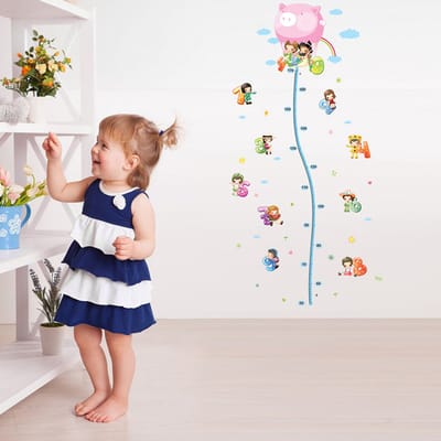 Muurstickers, decoratieve zelfklevende groeimeter, heteluchtballon met kleine kinderen