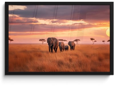 Poster in lijst - Fotolijst 60x40 cm - Posters - Groep olifanten - Open vlakte - Zon - Posterlijst zwart - Decoratie - Wanddecoratie woonkamer - Muurdecoratie slaapkamer