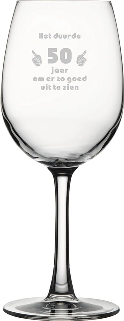 Gegraveerde witte wijnglas 36cl Het duurde 50 jaar om er zo goed uit te zien