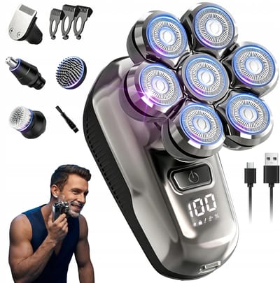 Scheerapparaat Mannen - 7-Blads Elektrisch Scheerapparaat - 800mAh Oplaadbaar & Draadloos - Multifunctioneel voor Lichaam & Neus - Zilver - Voor Kaalhoofd & Onderweg