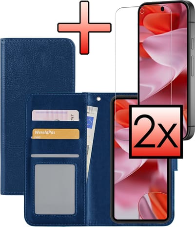 Hoesje - Met 2x Screenprotector - Geschikt voor Google Pixel 10 - Luxe Pasjeshouder - Bookcase Portemonee - Flip Case - Kunstleer Book Case - Flipcase Hoes - Book Cover - Walletcase - Portemonneehoes - Donkerblauw
