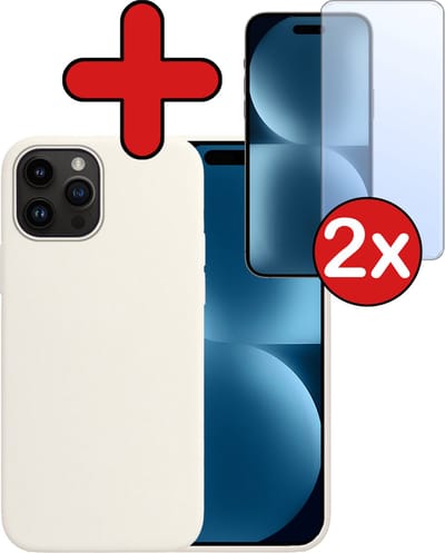 Hoesje - Met 2x Screenprotector - Geschikt voor Apple iPhone 15 Pro - Sterk & Shockproof - Telefoon Hoes - Back Cover - Siliconen Case - Telefoonhoes - Wit