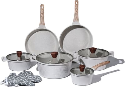 Royal Swiss®–Pannenset Inductie–12-delig–Aluminium Pannensets–PFAS Vrij–Kookpotten,Koekenpannen,Glazen Deksels & Handschoenen–Beige
