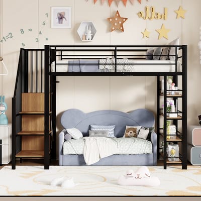 VVBV Kinderhoogslaper 90x200 cm - Opbergruimte, Planken, Trap/Ladder, Uitvalbeveiliging, Voor Kinderen/Tieners - Zwart