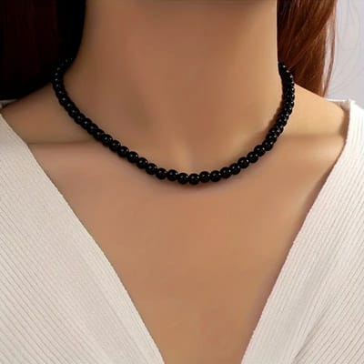 Bovista Ketting - Dames - Staal - Nep zilver - Met Hanger - Parels - Zwart