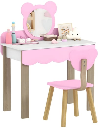 Kinderkaptafel Set met Krukje & Spiegel – Make-up Tafel voor Kinderen – Roze/Wit