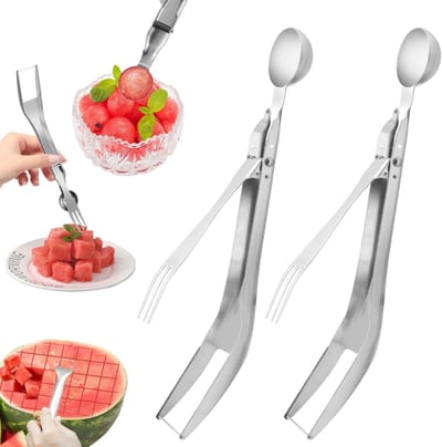 JHUBERS- Watermeloen Vorksnijder 2-in-1 - Snijgereedschap - Fruitvork - Dubbele Kop - Roestvrij Staal - 25 x 3,3 cm - Fruit Snijder