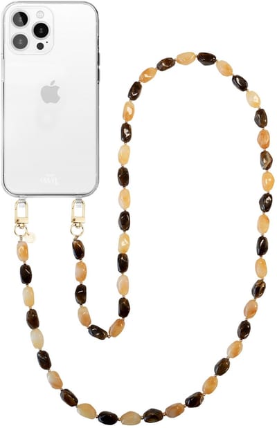 xoxo Wildhearts telefoonhoesje geschikt voor iPhone 11 Pro - Amber Dust (lang koord) - siliconen hoesje met koord - Backcover met telefoonkoord - Telefoonhanger stenen ketting - Beige / Bruin