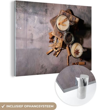 MuchoWow® Glasschilderij 120x90 cm - Schilderij acrylglas - Losse thee - Melk - Kaneel - Foto op glas - Schilderijen