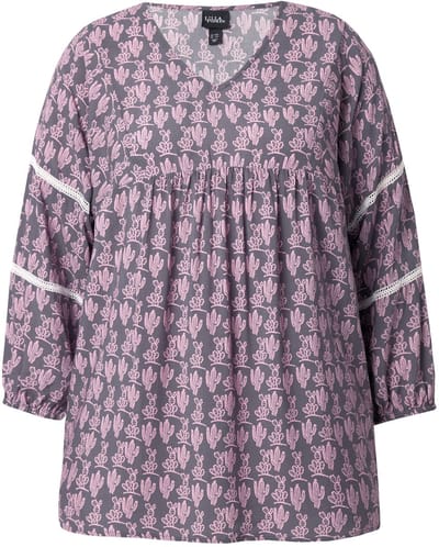 Ulla Popken - Dames - Blouse cactus A-lijn 3/4-mouw kant - Grafietgrijs - Maat 46+