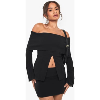 boohoo Dames Bengaline Omgesteegde Bardot Belmouw Lange Top | Black | Maat: 6