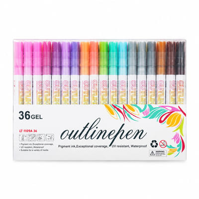 36-kleuren set met witte houder - dubbele contour fluorescerende markeerstiften - glittereffect voor handgeschreven posters - basisverpakking