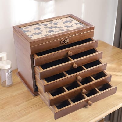 Houten Sieradenkist - Opbergdoos Juwelen - Sieraden Organiseren - Transparant Deksel - 30 x 19 x 25 cm - Bruin