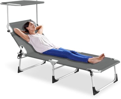 ACXIN Ligstoel Inklapbaar - Antraciet - Tuin Ligstoel met Verstelbaar Zonnescherm - 600D Oxford Stof - 194x68x30 cm - Hoofdsteun Zijvak - Tuin Strand Camping Terras