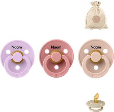 BIBS fopspenen anatomisch met naam - maat 2 - violet sky , dusty pink en blush + BolleToet speenzakje