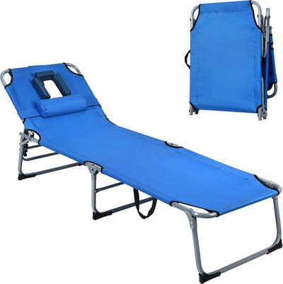 COSTWAY Zonneligstoel met gezichtsopening, inklapbare ligstoel met verstelbare rugleuning en hoofdsteun, strandstoel, ligstoel voor tuin, strand, 194 x 60 x 36 cm (blauw)