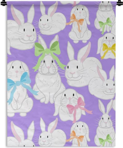 Wandkleed - Wanddoek - Patronen - Konijn - Paars - Lente - 90x120 cm - Wandtapijt