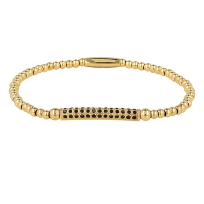 My Bendel - Elastische Goudkleurige Dames Armband met Bedel met Zwarte Zirkonia Steentjes - met Luxe Cadeauverpakking | Sieraden Voor Dames