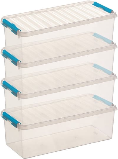 4x sunware q-line opberg box/opbergdoos - 9.5 liter - 48 x 19 x 15 cm - kunststof - opslagbox - transparant/blauw
