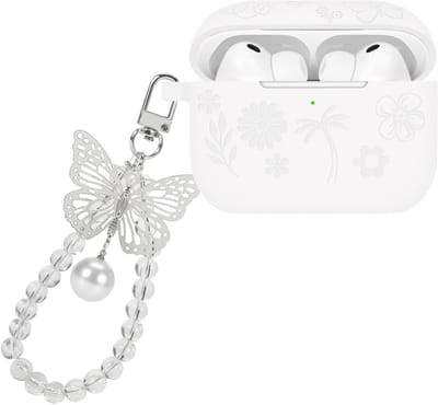 Beschermende TPU Hoes voor AirPods Pro 3e Generatie met Sleutelhanger - Schokbestendig, Antislip en Stofdicht met Bloemenpatroon voor Vrouwen, Wit