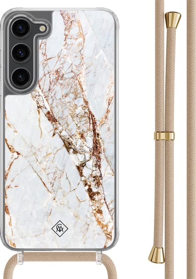 Casimoda® hoesje met beige koord - Geschikt voor Samsung S23 Plus - Marmer Goud - Afneembaar koord - TPU/polycarbonaat - Bruin/beige
