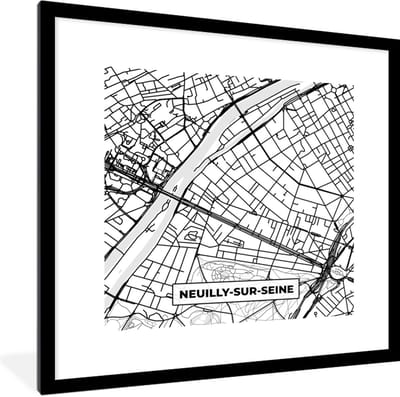 Fotolijst incl. Poster Zwart Wit- Stadskaart - Neuilly-sur-Seine - Plattegrond - Kaart - Frankrijk - Zwart wit - 40x40 cm - Posterlijst