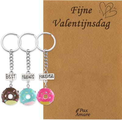 Koppel Sleutelhanger voor 3 'Fijne Valentijnsdag' - Donuts - Sleutelhanger set op Cadeau Kaartje - Zilverkleurig - Vriendschap of Relatie Symbool - Pax Amare