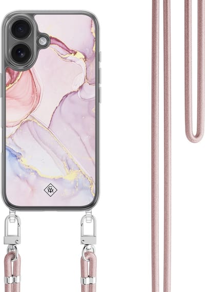Casimoda® hoesje met koord - Geschikt voor iPhone 16 - Marmer roze paars - Afneembaar koord - TPU/polycarbonaat - Paars