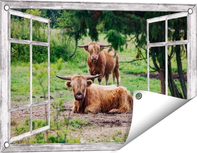 Gards Tuinposter Doorkijk Twee Schotse Hooglanders in de Bossen - 60x40 cm - Tuindoek - Tuindecoratie - Wanddecoratie buiten - Tuinschilderij
