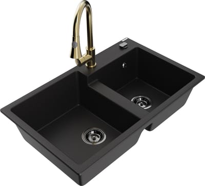 Mexen Tomas granieten gootsteen 2-kamer met keuken kraan Elia, zwart - 6516-77-670101-50-B