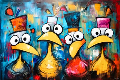 John Joseb Art (Glas) 120x80 | Eenden kuikens, grappig, kleurrijk, abstract, kunst, woonkamer | dier, eend, kuiken, vogel, blauw geel, oranje, rood, modern | Foto-schilderij-glasschilderij-acrylglas-acrylaat-wanddecoratie