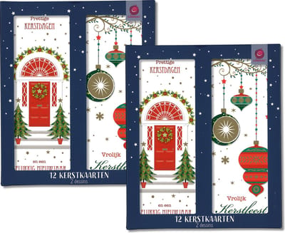 Cardeau - 24 dubbele Kerstkaarten en Nieuwjaarskaarten - 2 doosjes - 2 motieven - Foliedruk - 8 x 20 cm