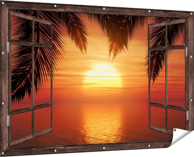Gards Tuinposter Doorkijk Zonsondergang op het Strand met Palmbomen - 180x120 cm - Tuindoek - Tuindecoratie - Wanddecoratie buiten - Tuinschilderij