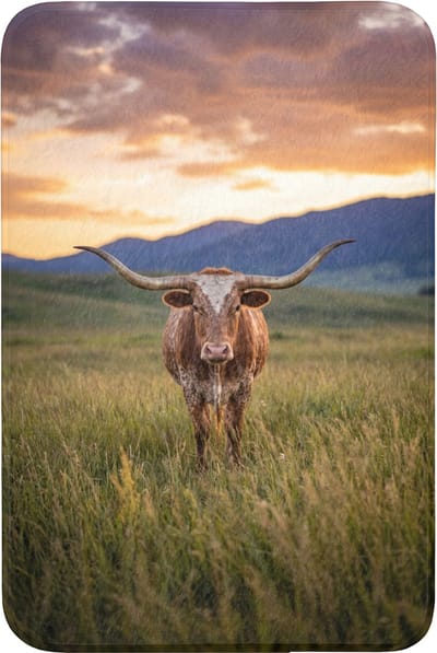 Badmat 60x90 cm - Antislip - Longhorn - Landschap - Zonsondergang - Badmatten voor badkamer - Badkamermat - Douchemat - Badkamer mat