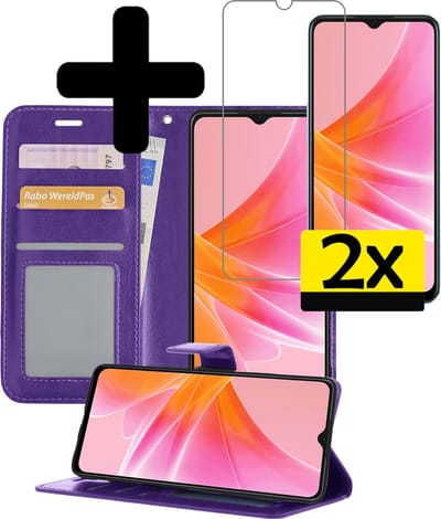 Hoesje - Met 2x Screenprotector - Geschikt voor OPPO A57 - Luxe Pasjeshouder - Bookcase Portemonee - Flip Case - Kunstleer Book Case - Flipcase Hoes - Book Cover - Walletcase - Portemonneehoes - Telefoonhoesjes - Paars