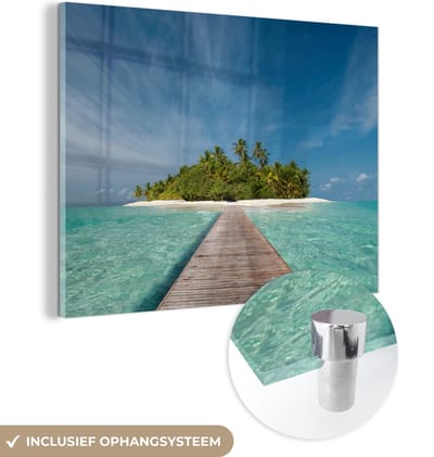 MuchoWow® Glasschilderij 160x120 cm - Schilderij acrylglas - Zee - Pier - Eiland - Foto op glas - Muurdecoratie woonkamer - Wanddecoratie slaapkamer - Schilderijen