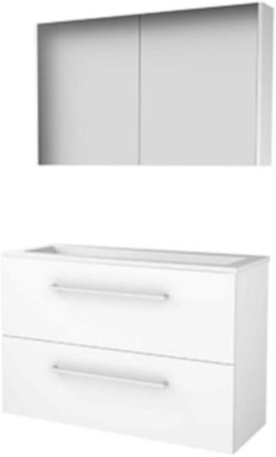 Basic-Line Comfort 39 Badkamermeubelset - Ondiep - 100 x 39 cm - Met Grepen - 2 Lades - Acryl Wastafel - Zonder Kraangat - Spiegelkast - Ice White