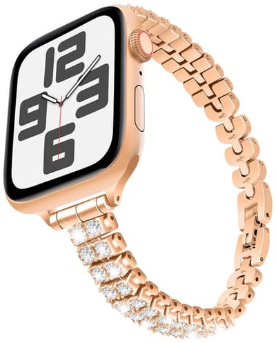RVS bandje met glitterstenen - geschikt voor Apple Watch series 1/2/3/4/5/6/7/8/9/10/11/ SE (1,2,3) / Ultra (1,2,3) met maat 44 mm / 45 mm / 46 mm / 49 mm - stalen bandje - bling - rose goud