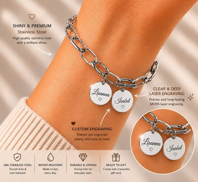 Engravia by Derya – Luxe Gepersonaliseerde Armband met 2 Hangers – 316L Roestvrij Staal – Naamgravure & Elegante Schakelstijl – Cadeau voor Moeder, Partner of Vriendin