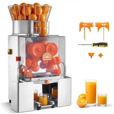 VEVOR Commerciële Sinaasappelpers, Roestvrijstalen Citruspers, 120W, PC-deksel, Persmachine voor maximaal 20 sinaasappels per minuut, Persmachine voor citroenen, citrusvruchten en granaatappels met 2 opvangbakken.
