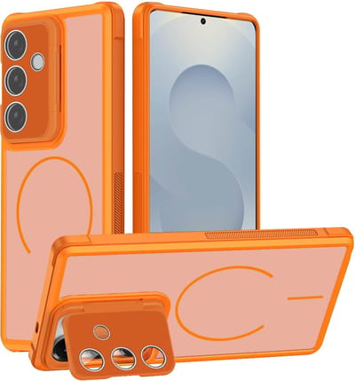 Hoesje Geschikt voor Samsung Galaxy S26 - Oranje - Casemania Magnetische Matte Armor Back Cover met Camera Shield Kickstand - Telefoonhoesje Geschikt voor MagSafe met Camera Bescherming