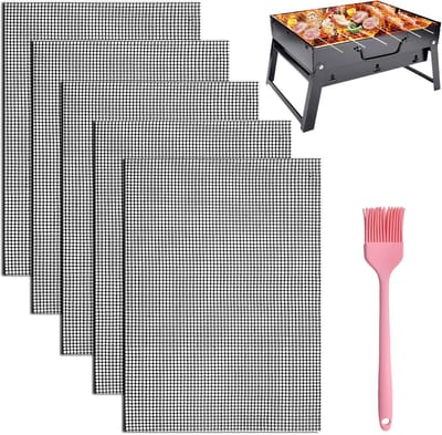 Thijox - 5 stuks 40 x 30 cm anti-aanbak grillmatten voor airfryer, BBQ grillmat voor gasgrill, herbruikbare teflon bakmat met siliconen bakborstel, zw