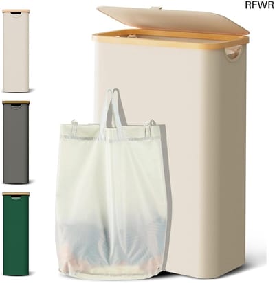 RFWR® Smal Beige Wasmand met Deksel - 48 Liter Opvouwbare Wasverzamelaar van Hout en Bamboe