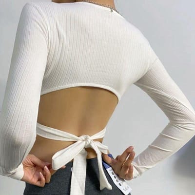 Kant Uitsnijding Rugloos Draad Lange Mouwen T-shirt Dames Slankvallend Taille Kort Topje L wit