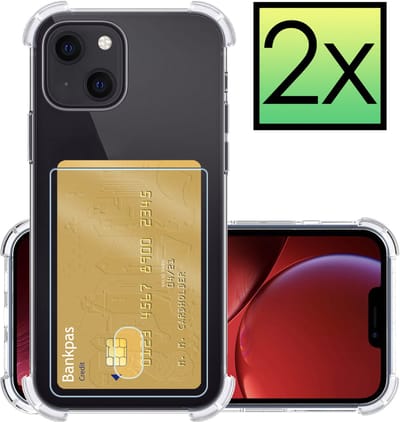 Hoesje - 2 Stuks - Geschikt voor Apple iPhone 13 Mini - Met Pashouder en Kaarthouder - Telefoon Hoes Shockproof - Siliconen Case - Back Cover - Shock Proof - Pasjes Houder - Transparant