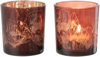 J-Line windlicht Bloemen - glas - bordeaux - small - 2 stuks